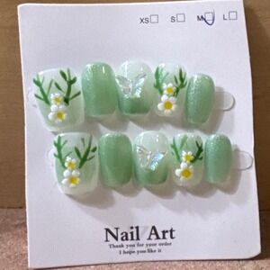 Nail Art Sage Green Butterfly Floral 3D Press On Nails Medium Set